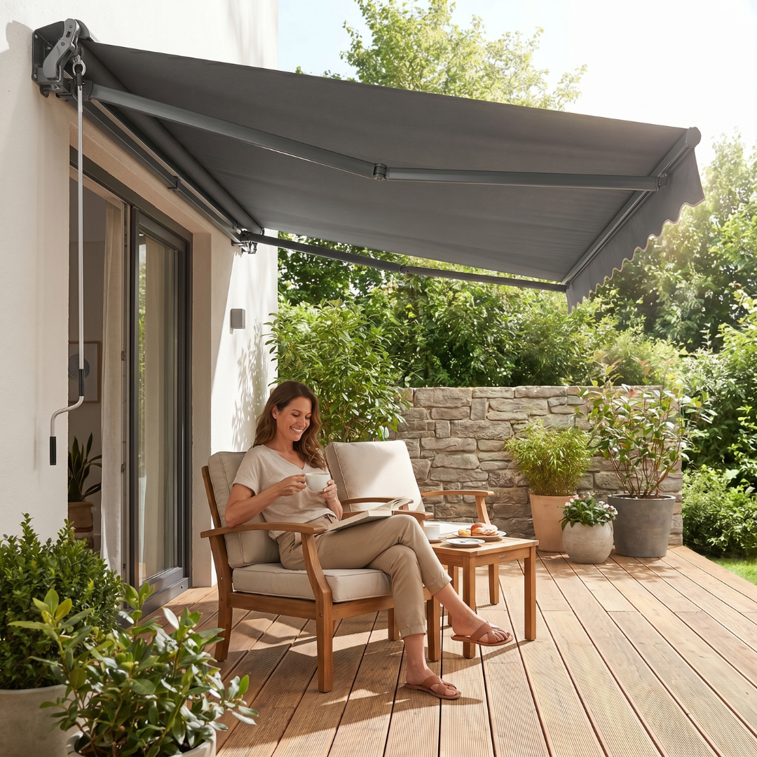 10x8 ft Adjustable Crank Manual Patio Awning - Retractable Design