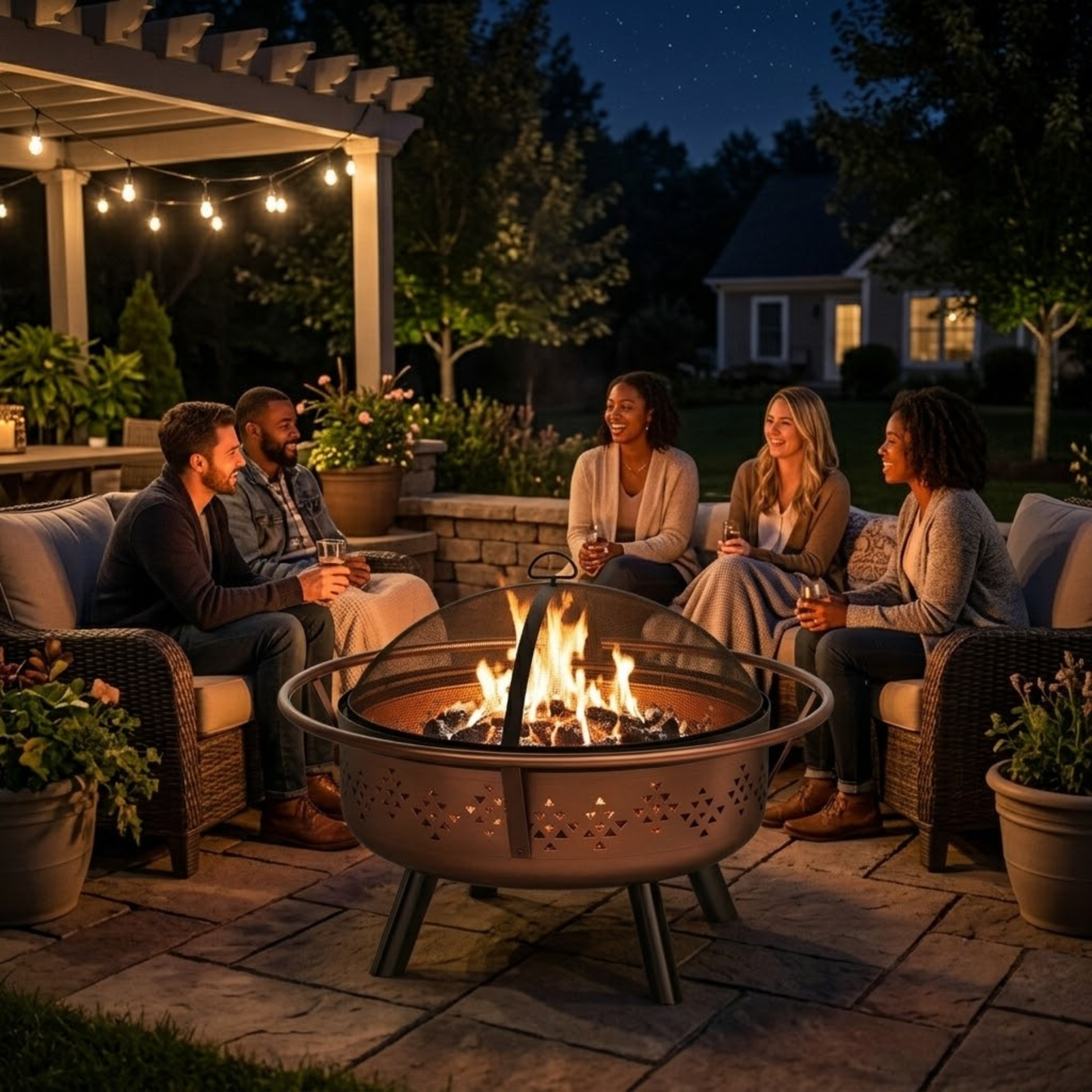 32-Inch Round Fire Pit for Patio - Metal Wood-Burning Design with Mesh Cover