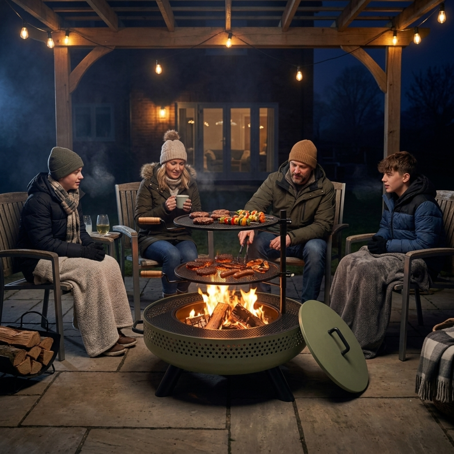 Outdoor Fire Pit 35 Inches with Two Cooking Grates and Cover