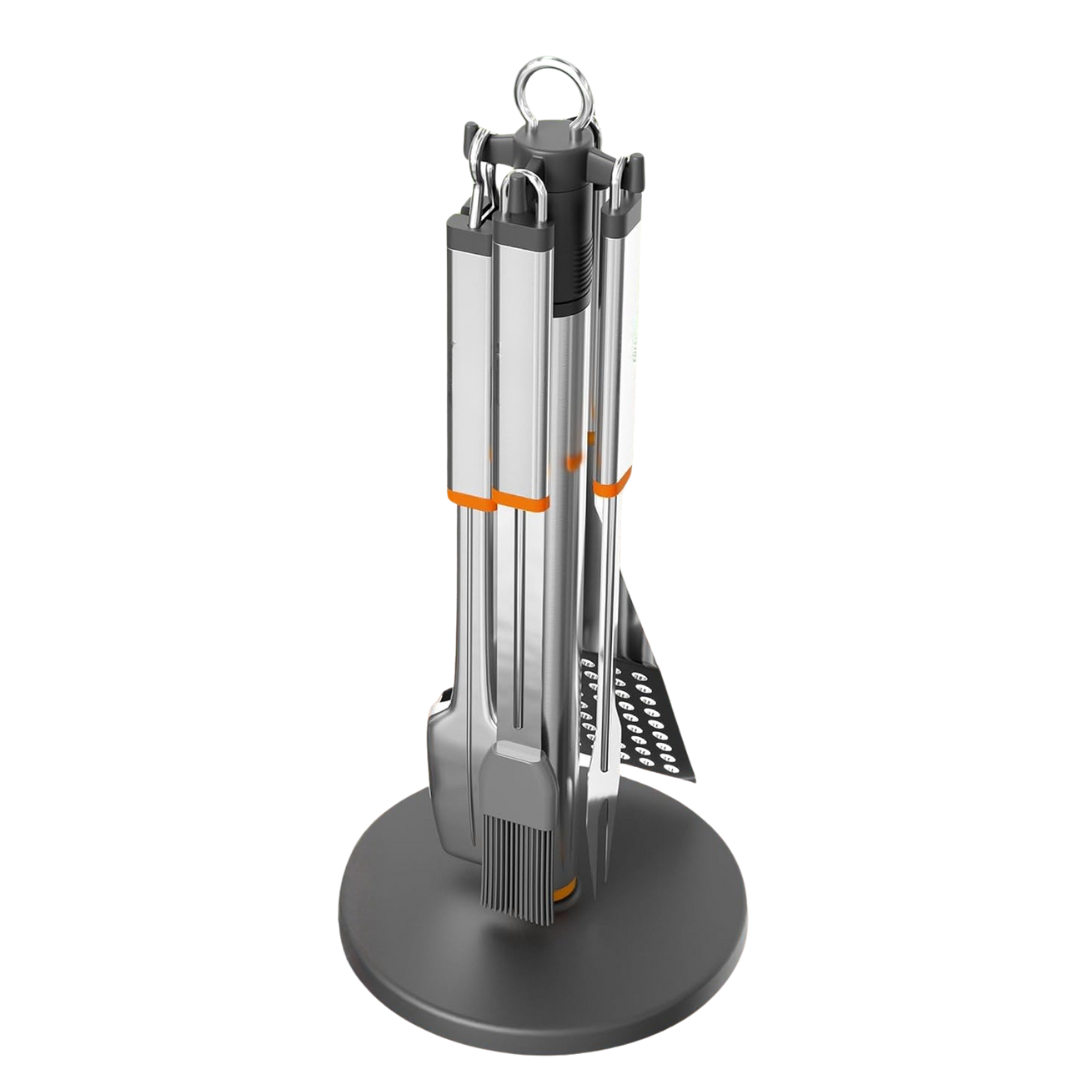 BBQ Tool Set with Rotating Stand – 4 Stainless Steel Pieces