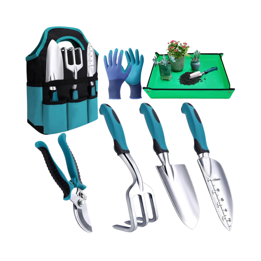 Garden Tool Kit with Tote, Gloves, and Aluminum Equipment - 8 Pieces