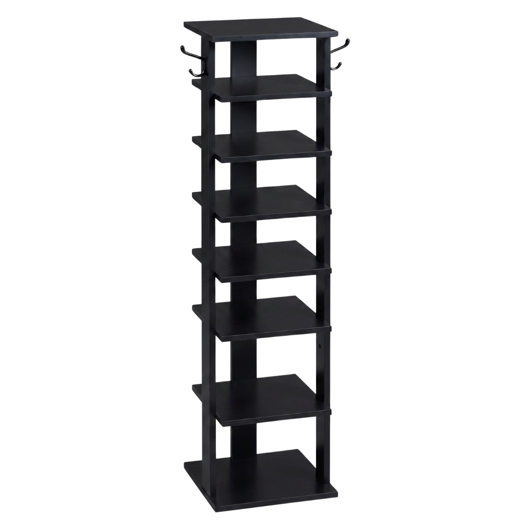 Narrow Wooden Shoe Storage Rack with 8 Tiers and Side Hooks