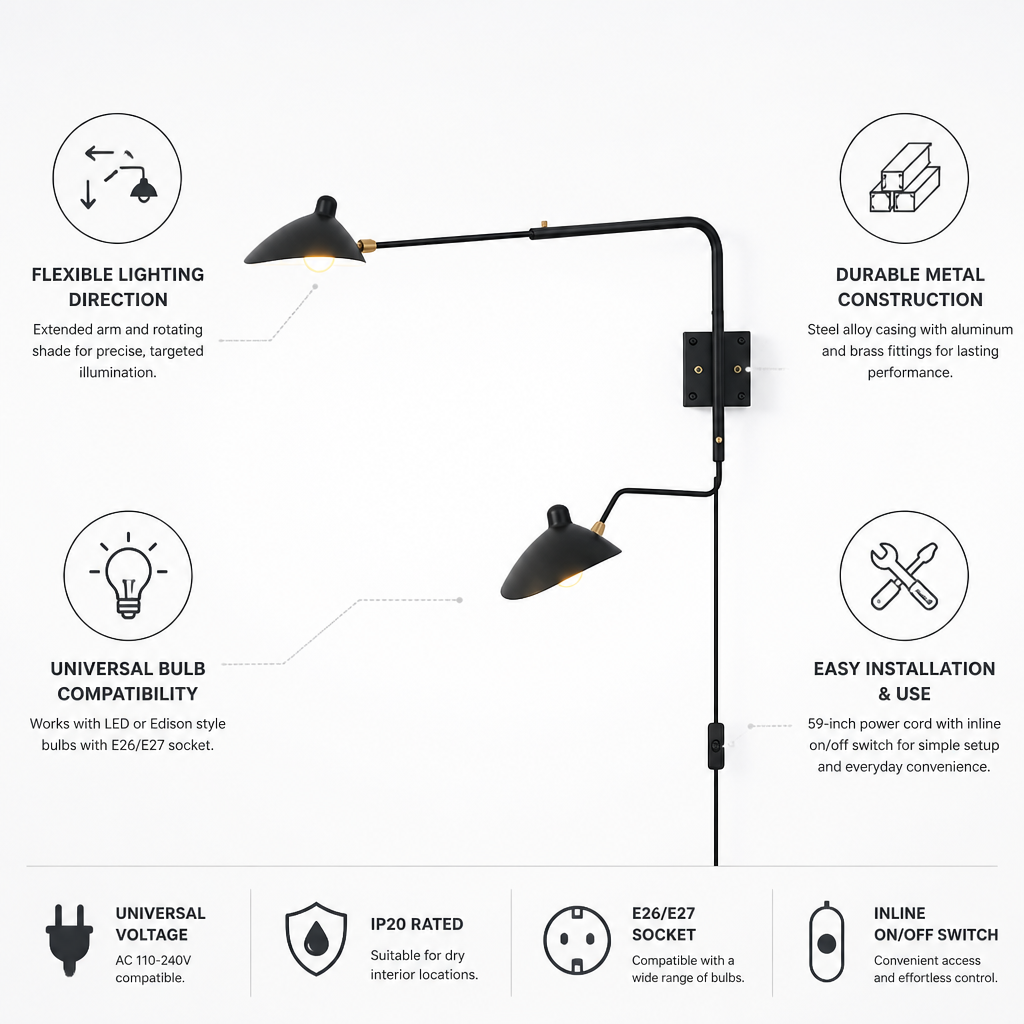 Adjustable Long-Arm Rotating Shade Wall Sconce (Plug-In)