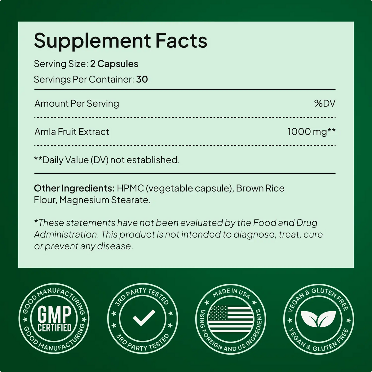 Amla Supplement Capsules Standardized Extract Stimulant-Free