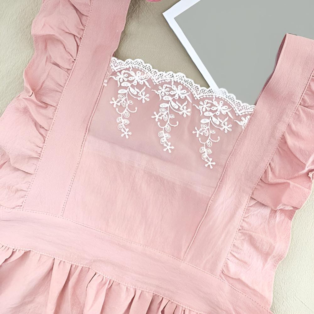 Apron Cross-Back Ruffle Cotton Two Pockets