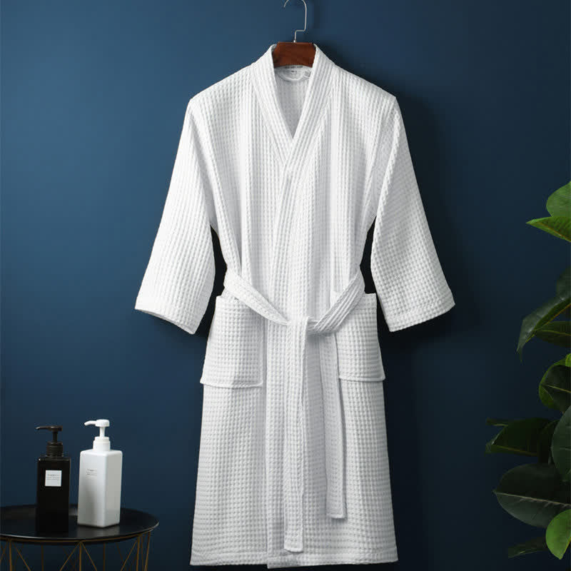 Bathrobe Waffle V-Neck 100% Cotton Adjustable Waistband