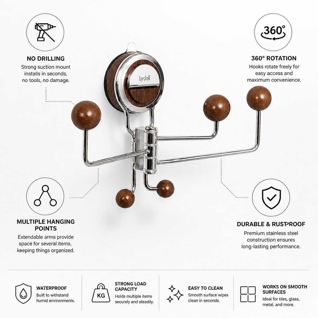 Bathroom Wall Hook Suction-Cup 360 Degree Rotating Stainless Steel