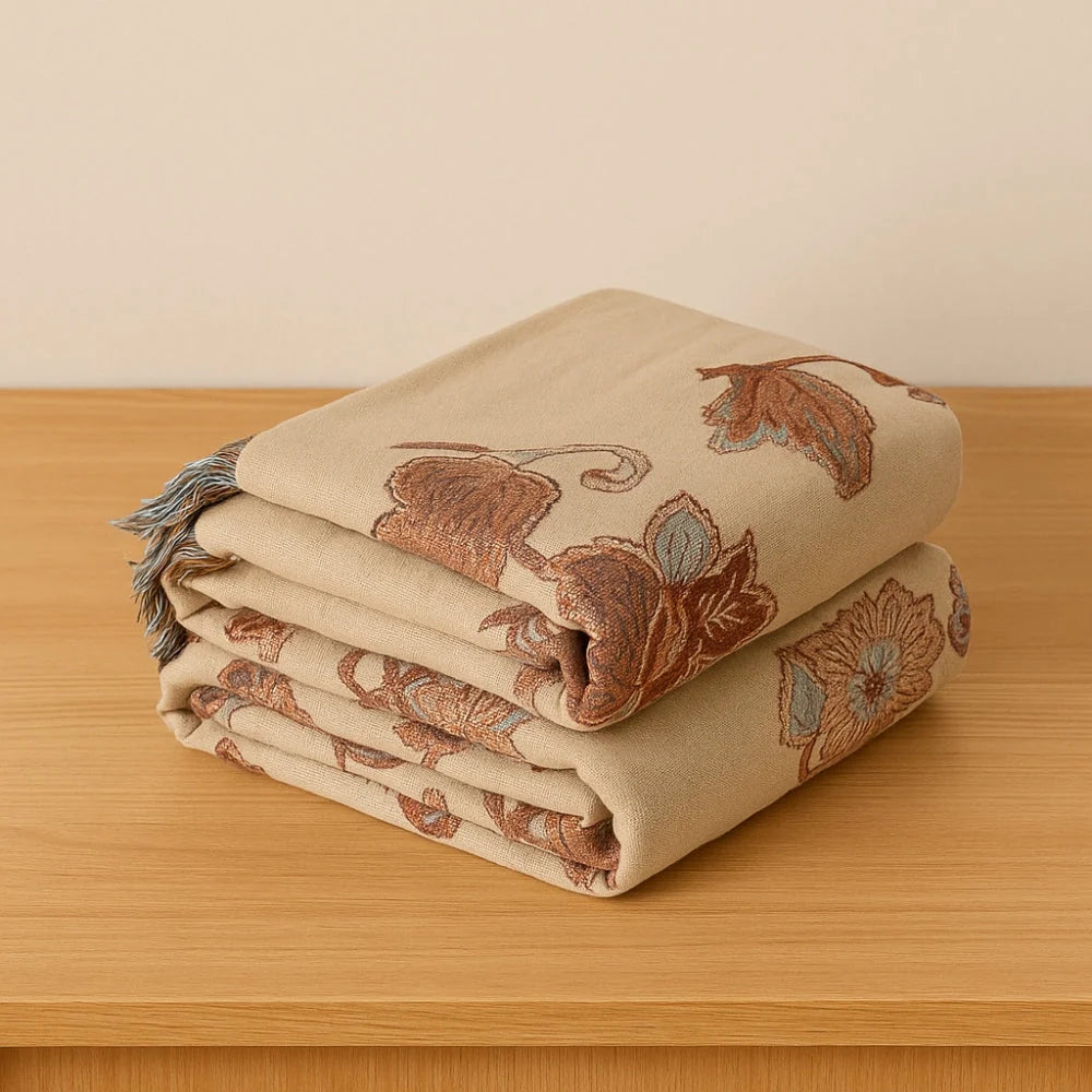 Bed Blanket Cotton Jacquard Floral Tassel Trim