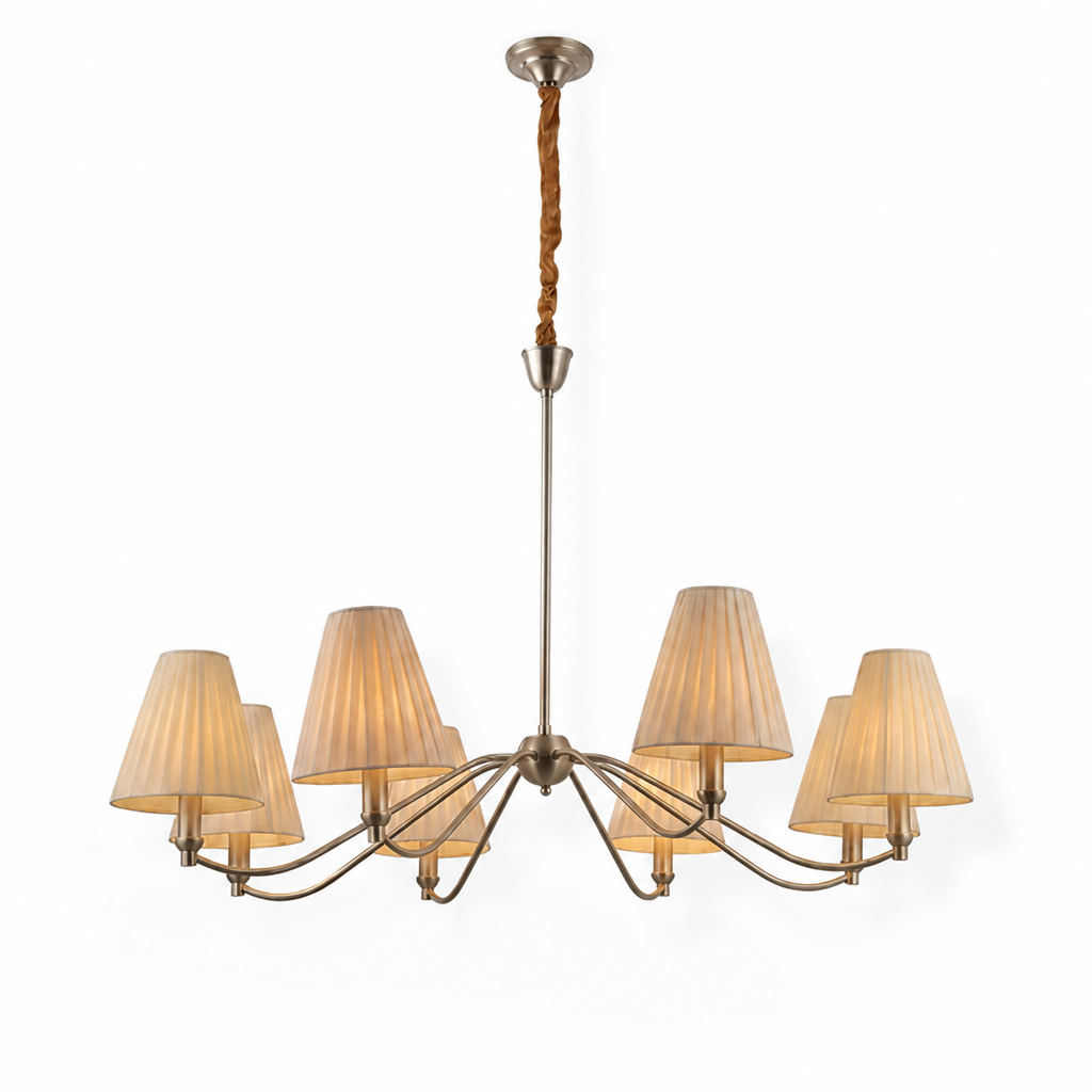 Brass Curved-Arm Chandelier With Pleated Fabric Shades (6- or 8-Head)