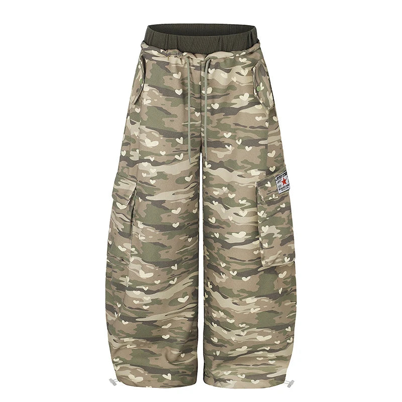 Cargo Pants Wide Leg Heart Camouflage Drawstring Waist