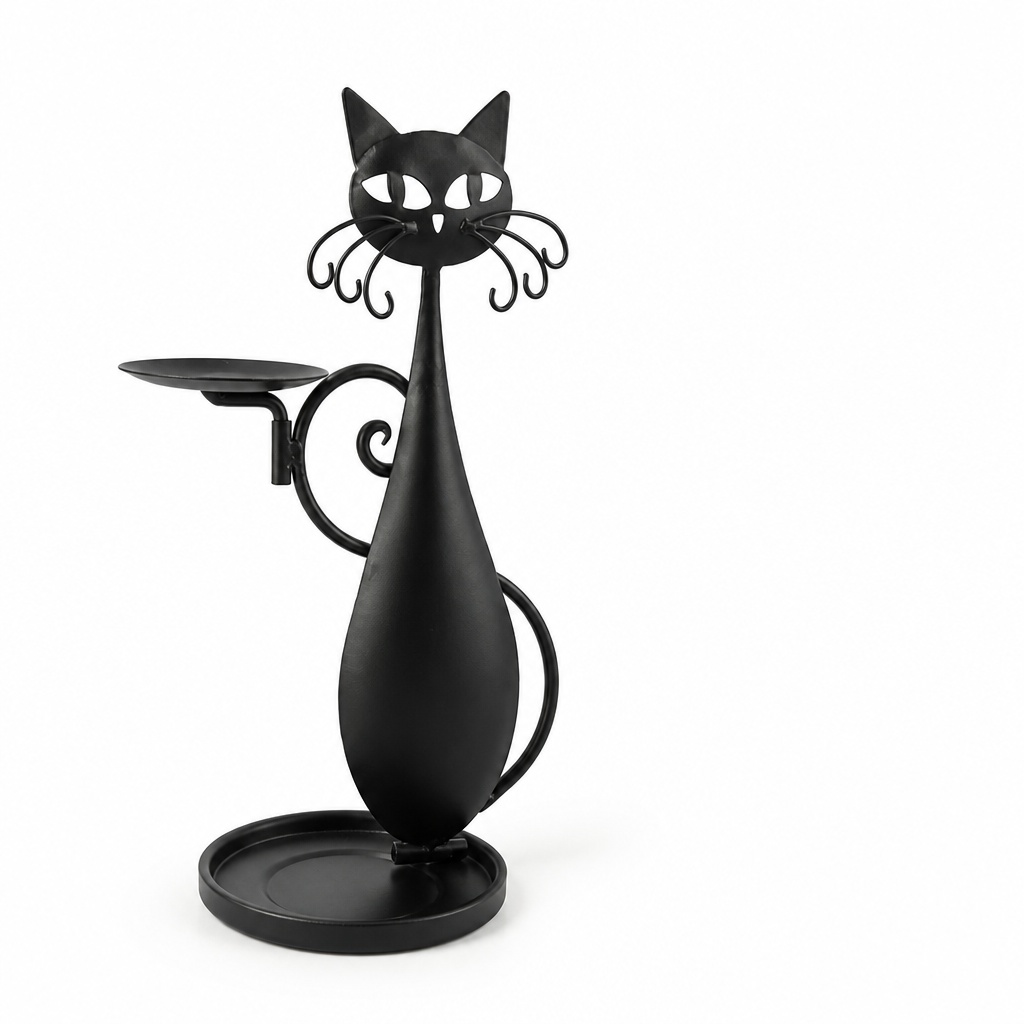 Cat-Shaped Metal Candle Holder with Wax-Collecting Base