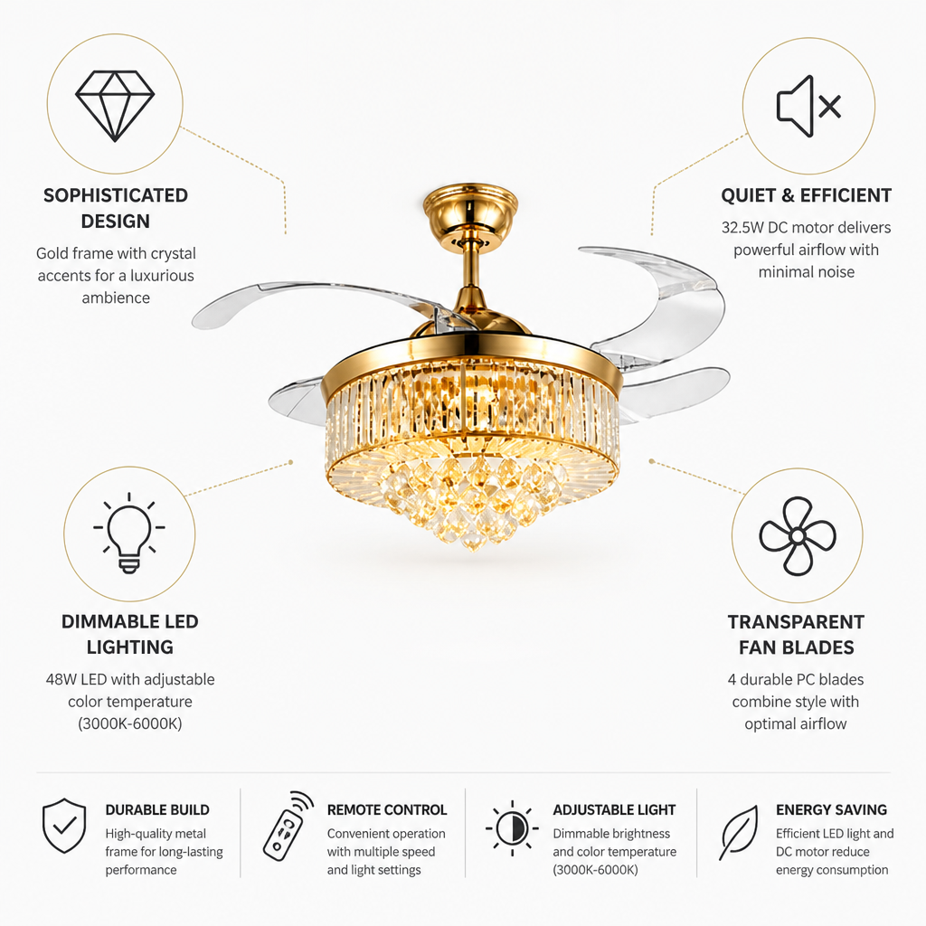 Ceiling Fan Crystal Shade Dimmable LED Quiet Motor