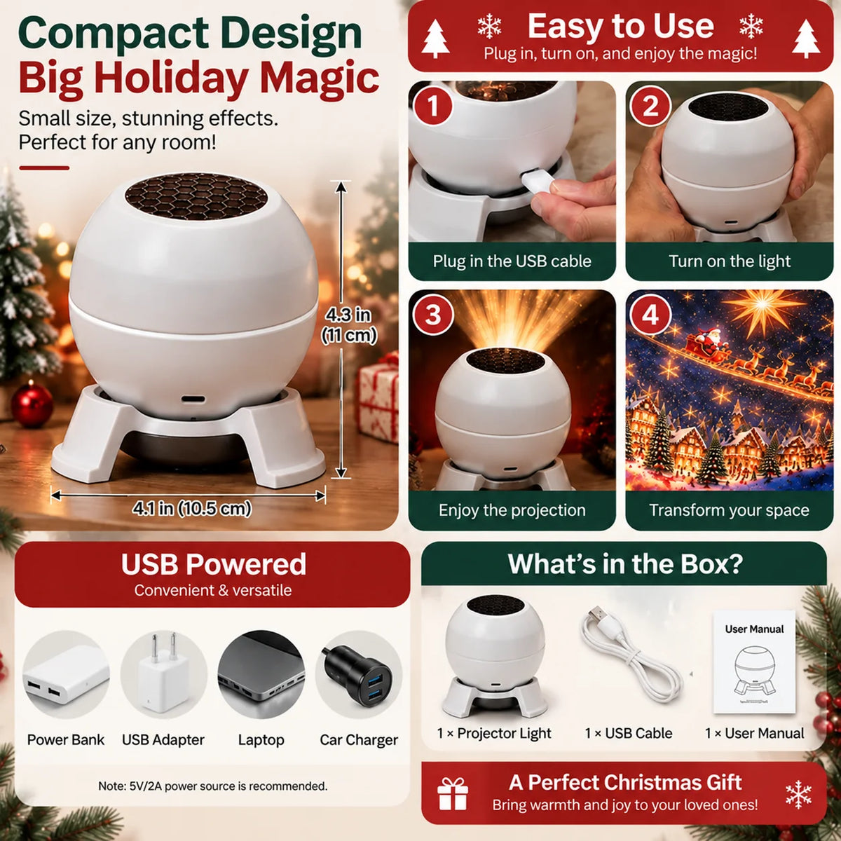 Christmas Projector Light USB Powered Wall & Ceiling Projections