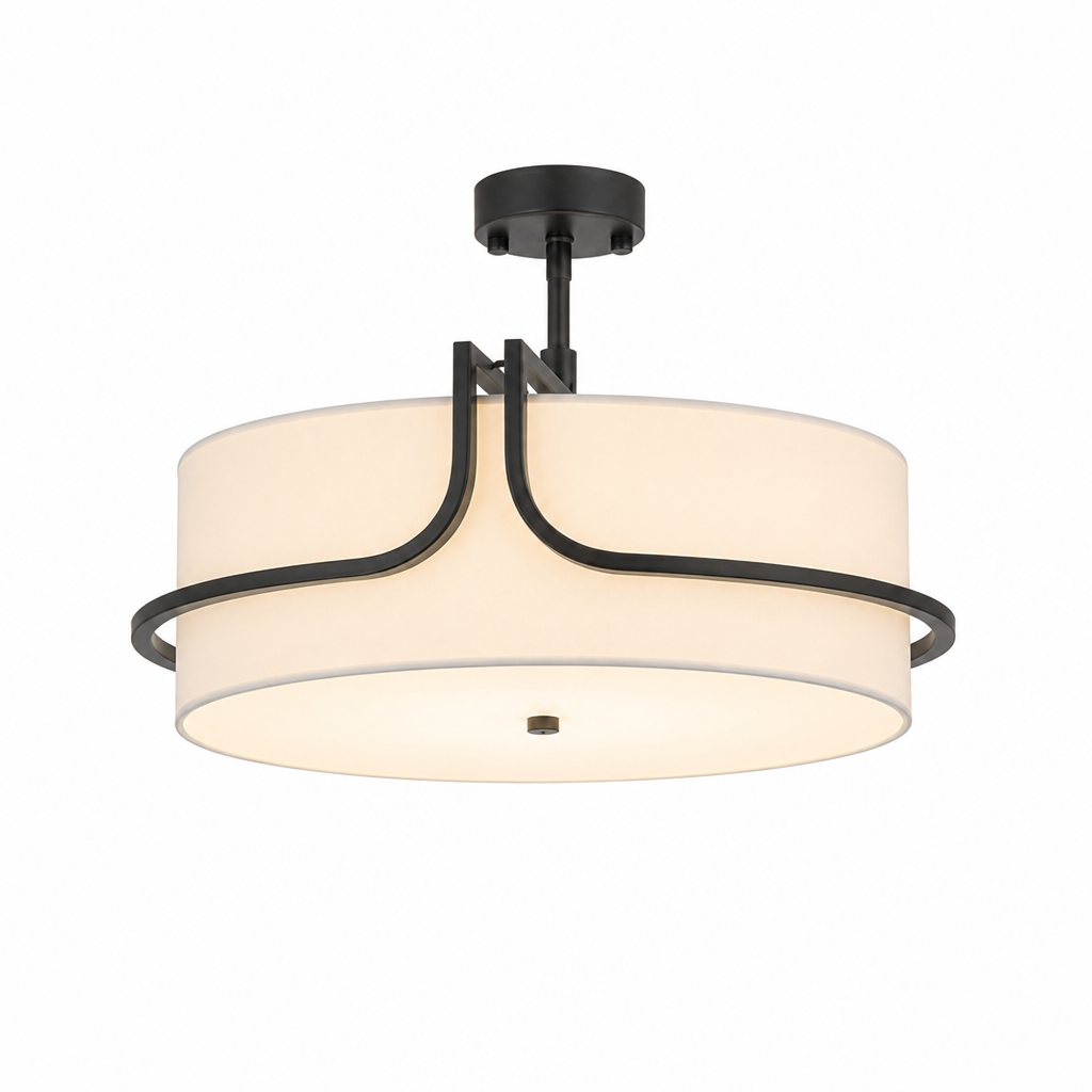 Compact Black Fabric Drum Semi-Flush Ceiling Light (Warm White Bulbs Included)