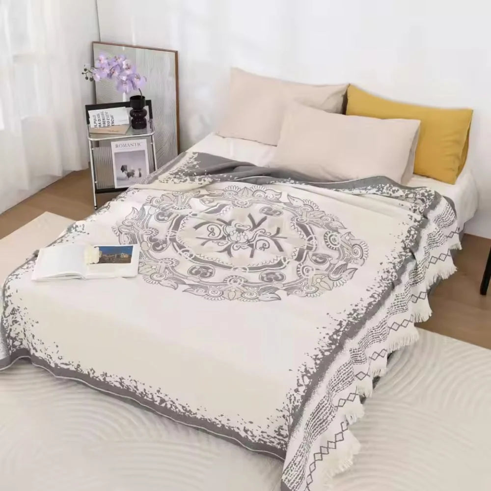 Cotton Blanket Boho Mandala Fringe Machine Washable