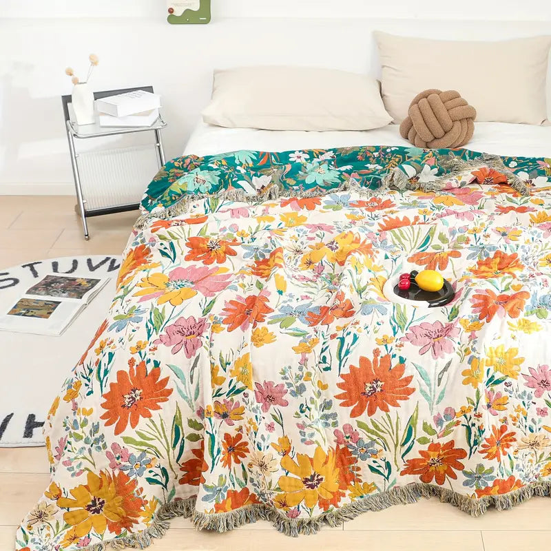 Cotton Blanket Jacquard Floral Oversized Machine Washable