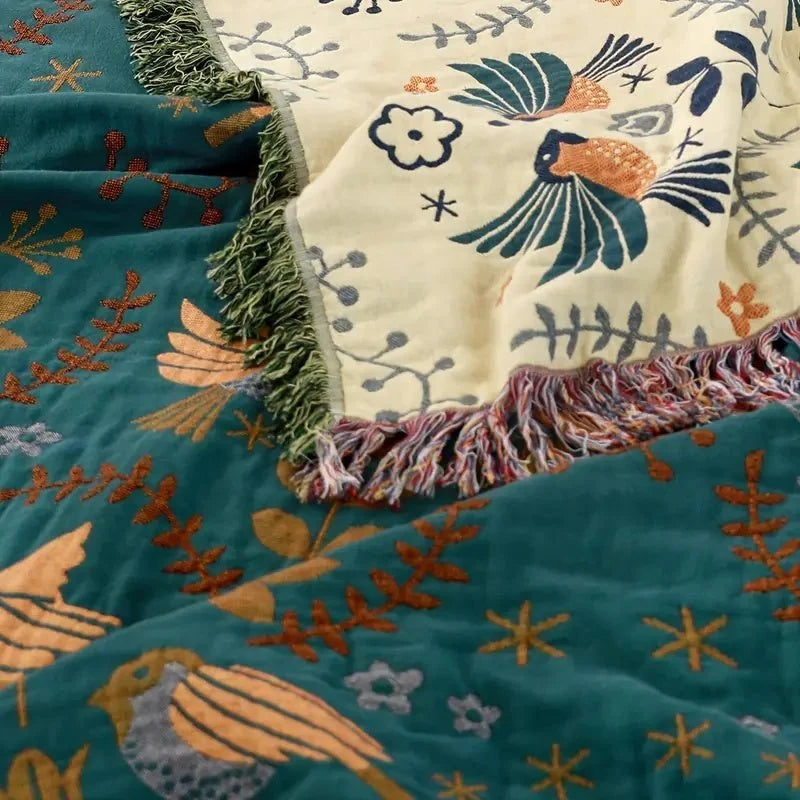 Cotton Blanket Reversible Bird Design Breathable