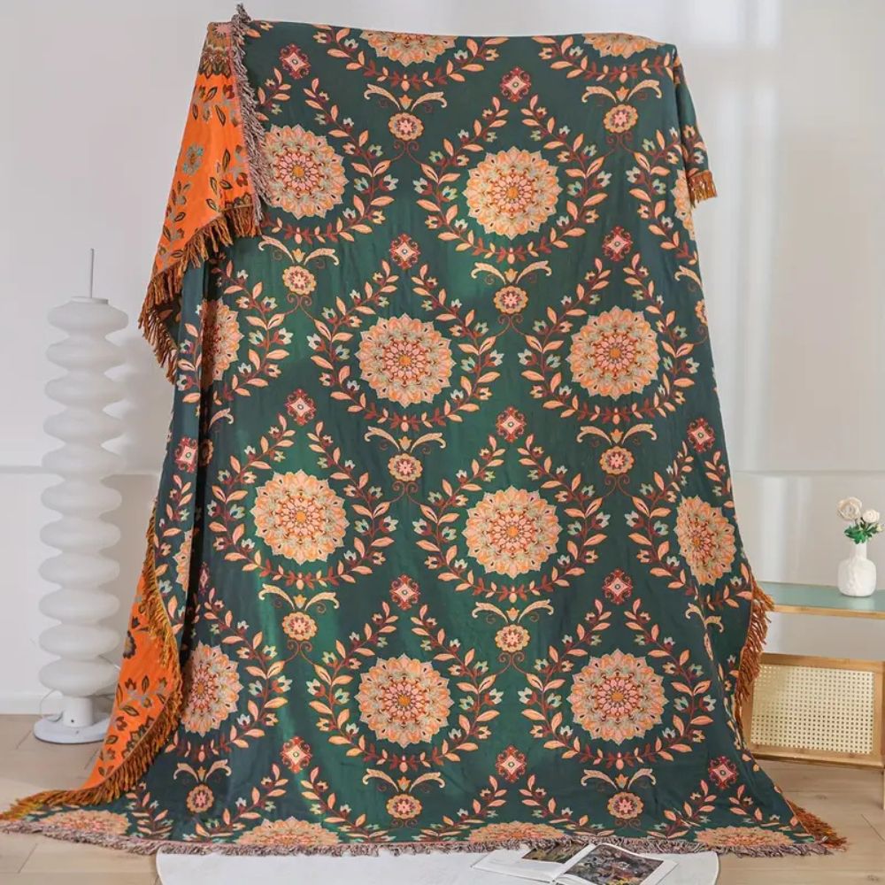 Cotton Blanket Reversible Floral Lightweight Fringe
