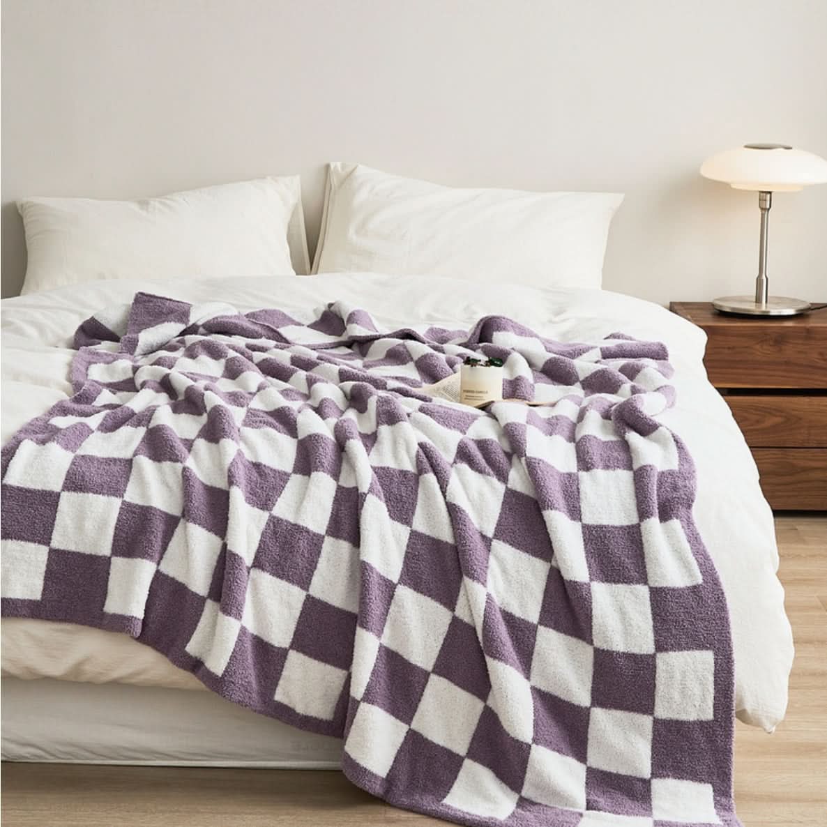 Cotton Knit Throw Blanket Checkerboard Pattern Soft Texture
