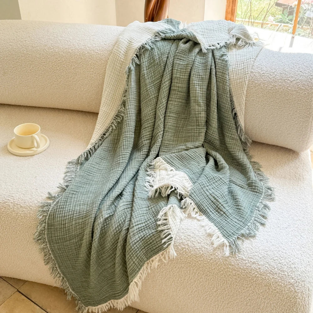 Cotton Muslin Blanket Breathable All-Season Fringed