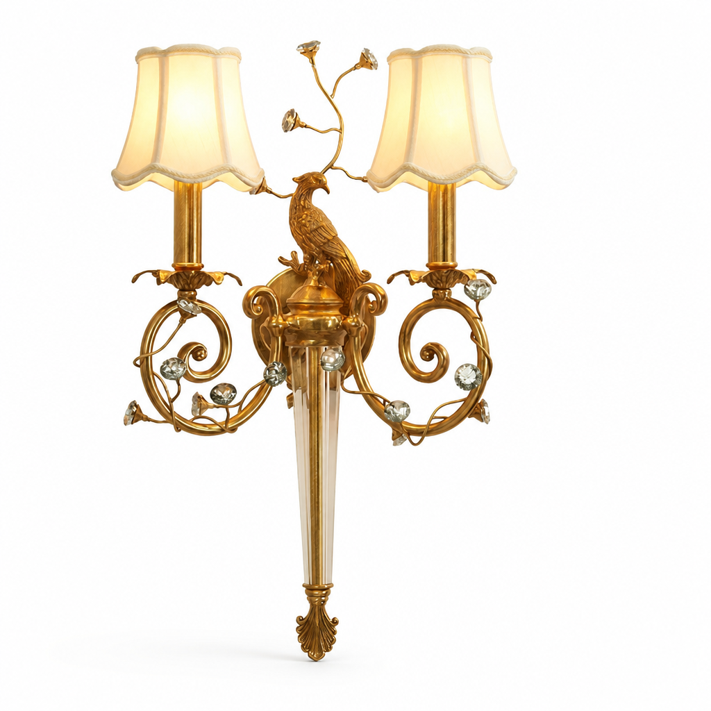 Crystal-Accented Antique Brass Dimmable Wall Sconce (Scalloped Fabric Shade)