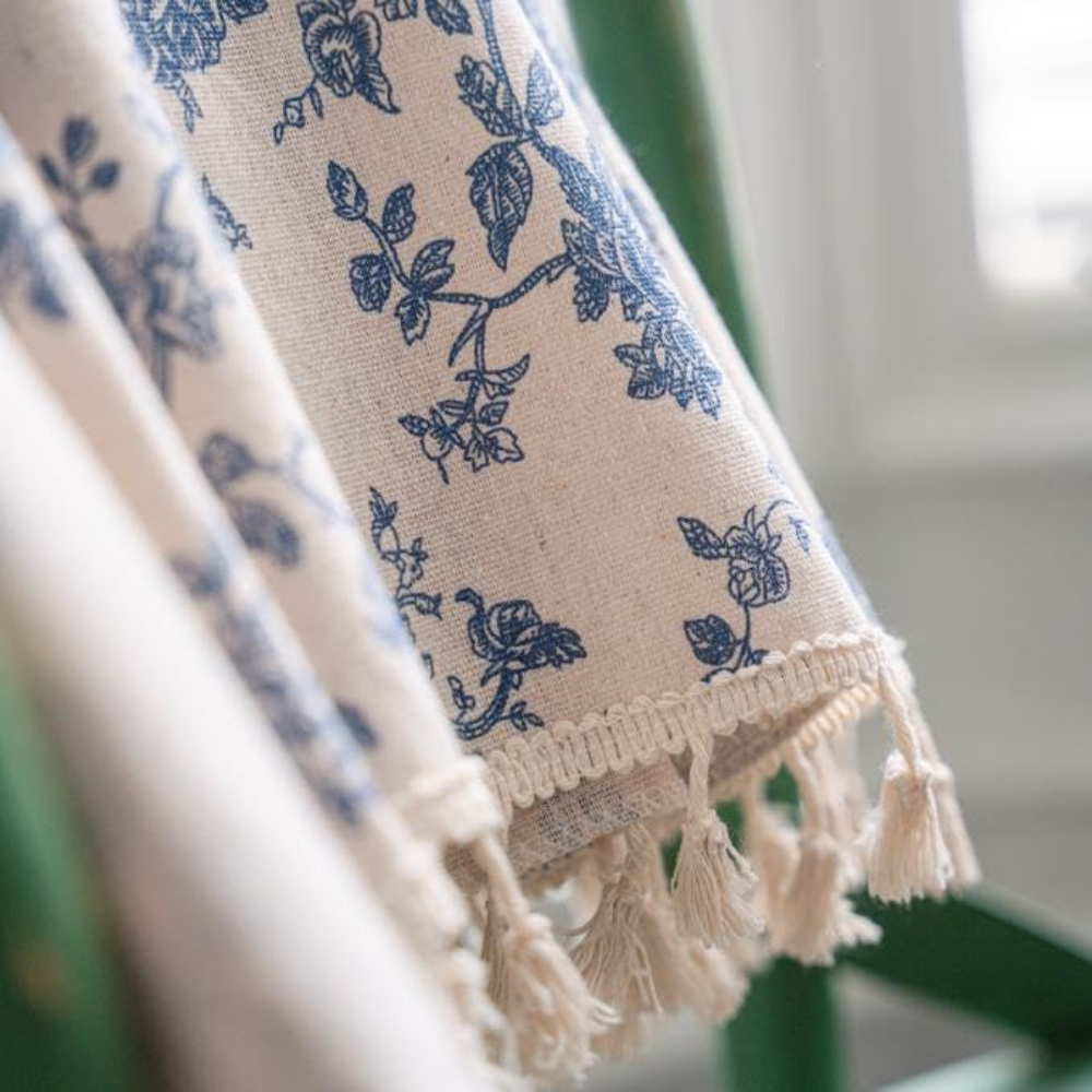 Curtain Panel Blue Rose Floral Semi-Sheer Eyelet Top