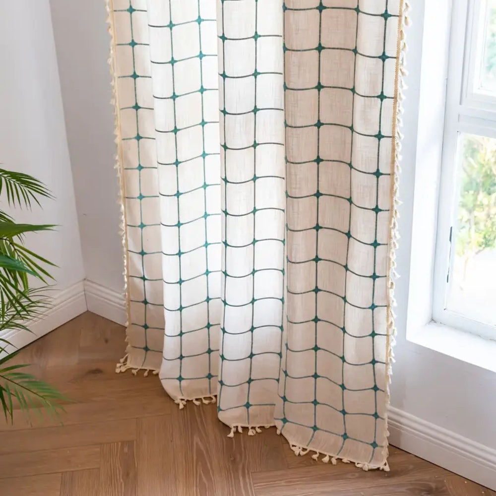Curtain Panel Semi-Blackout Turquoise Embroidered Tassels