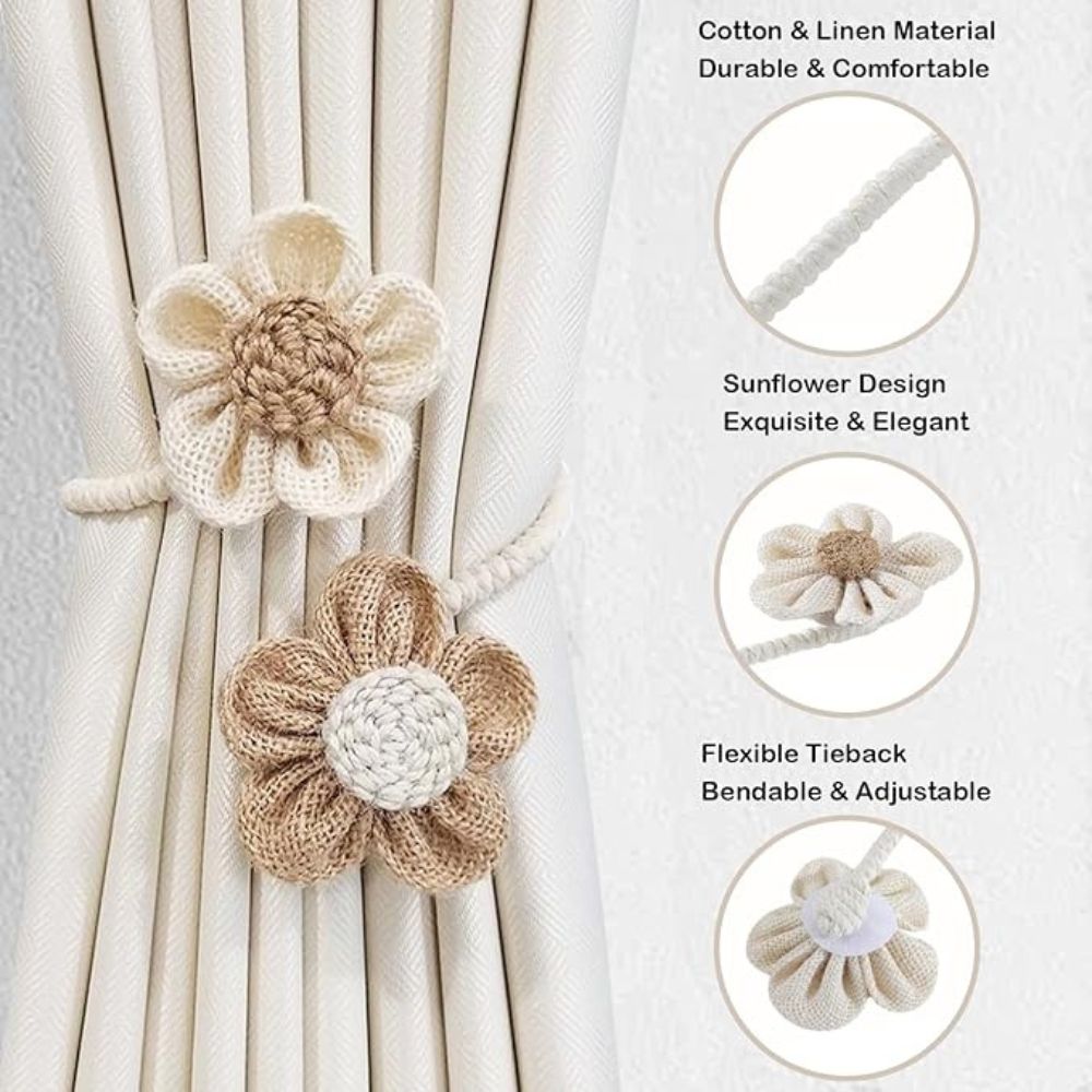 Curtain Tiebacks Floral Hemp Punch-Free Set of 2