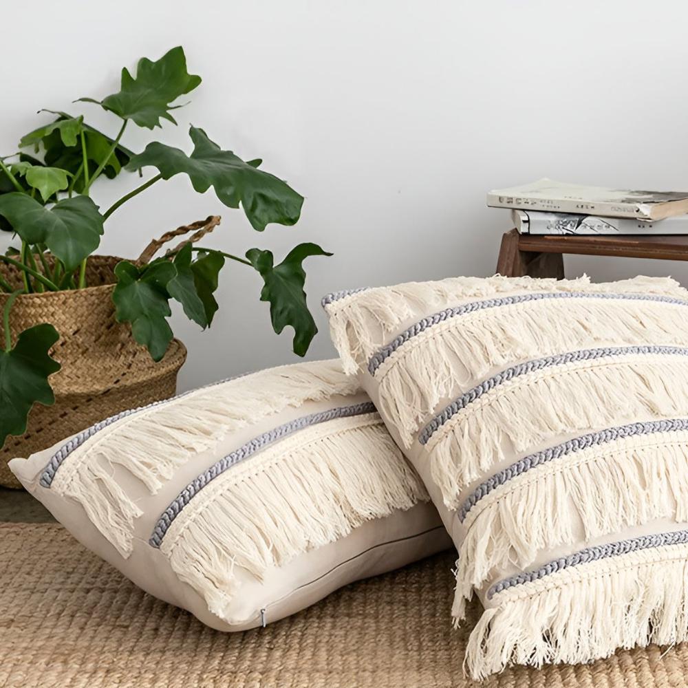 Cushion Cover Bohemian Fringe Tassels Linen & Hidden Zip