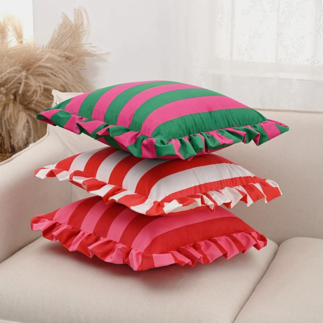 Cushion Cover Striped Ruffle Microfiber Blend