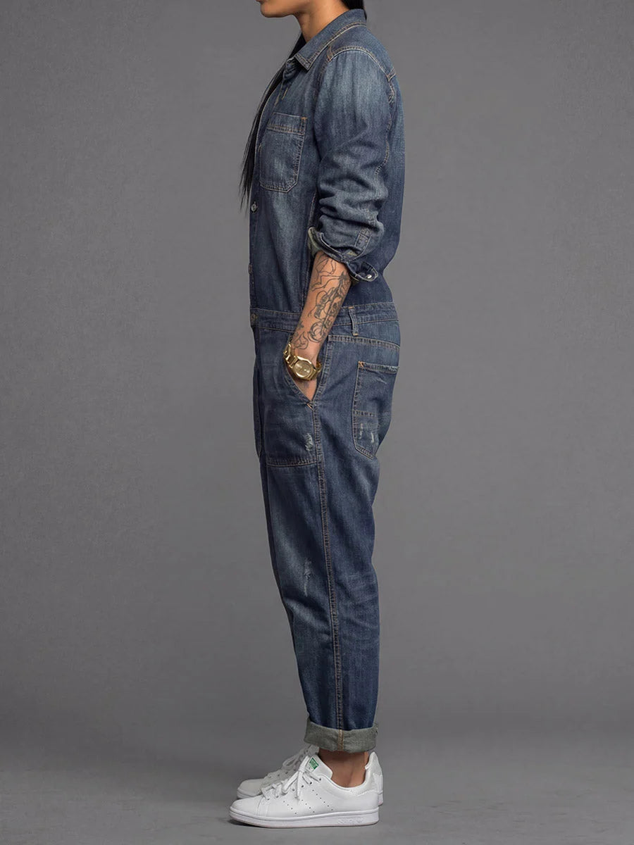 Denim Jumpsuit Lightweight Cotton Utility Pockets Relaxed Fit