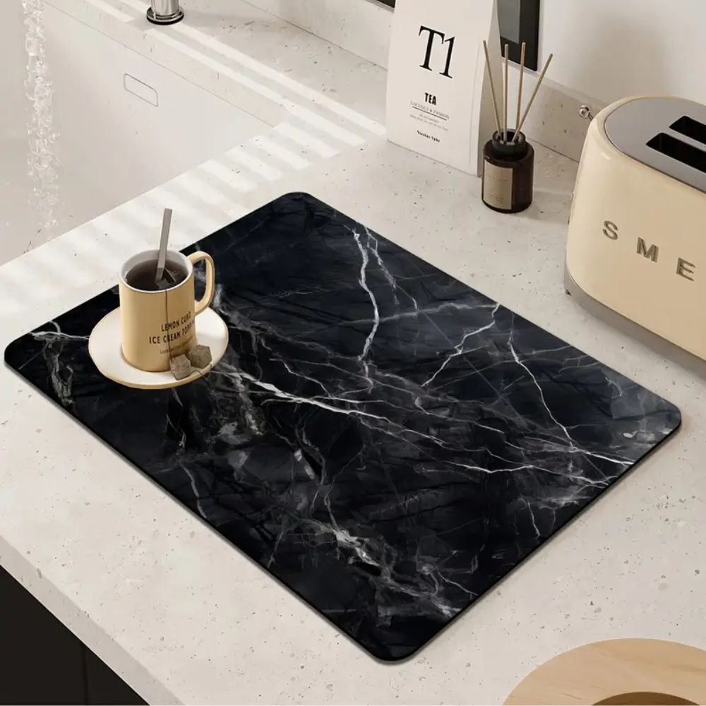 Dish Drying Mat Marble Print Highly Absorbent Non-Slip Base