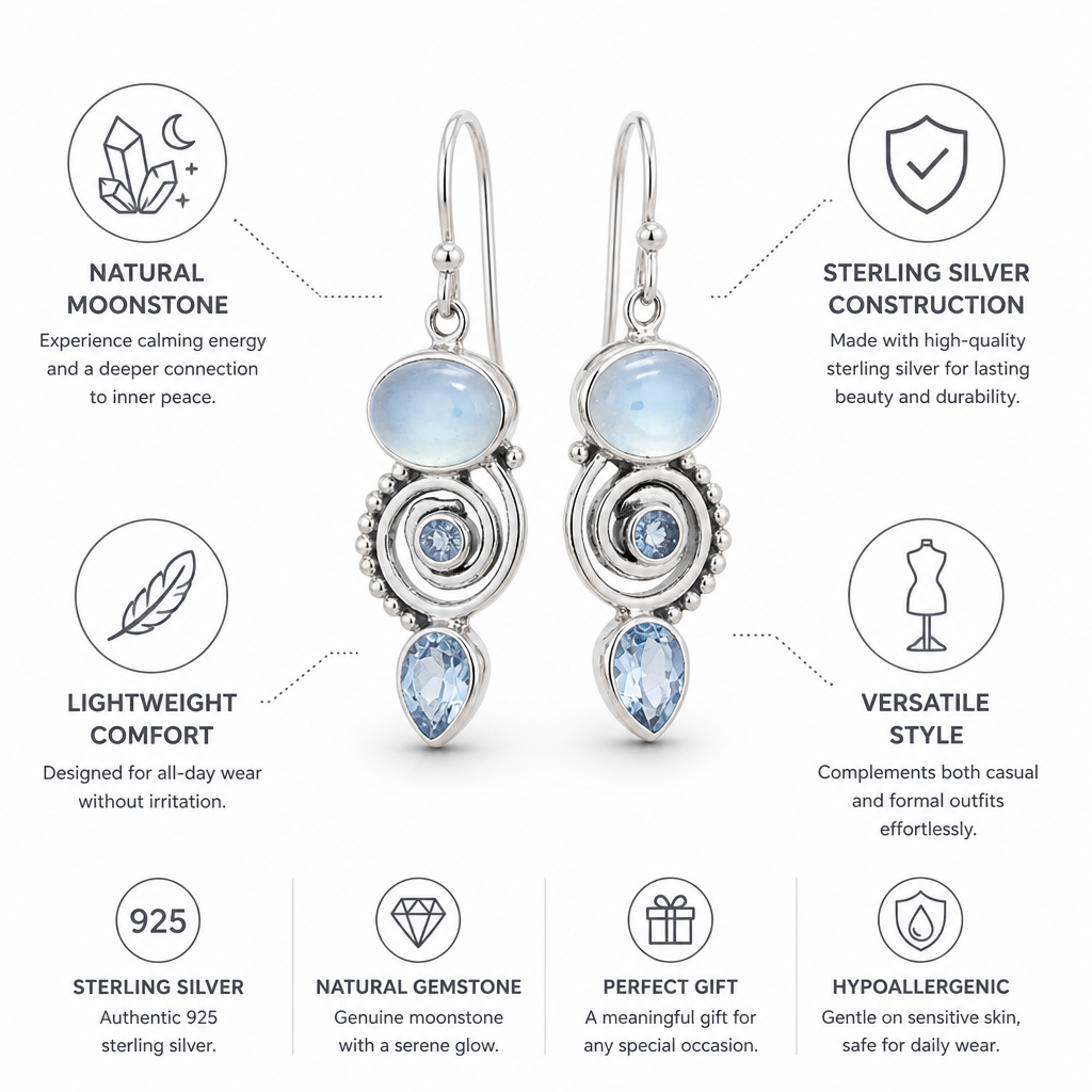 Earrings Moonstone Drop Sterling Silver Lightweight