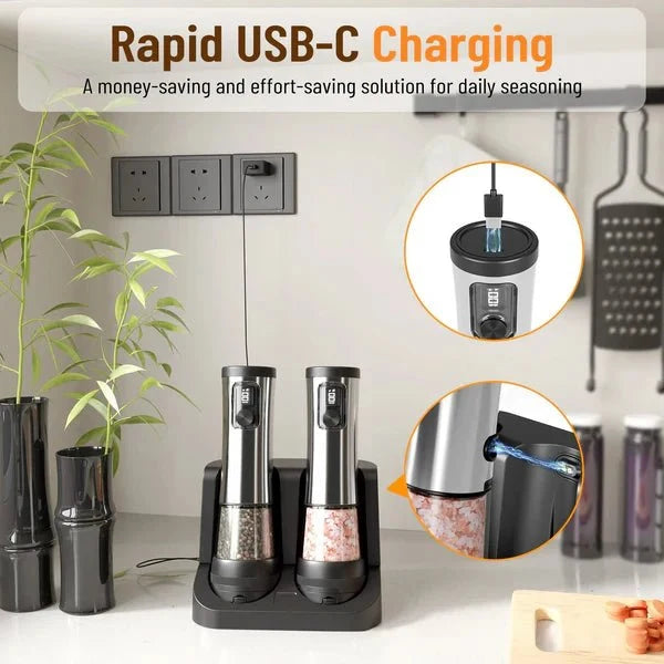 Electric Salt & Pepper Mill Set Rechargeable Adjustable Grind
