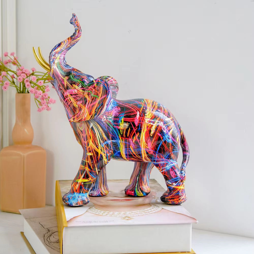 Elephant Figurine Graffiti-Style Colorful Resin