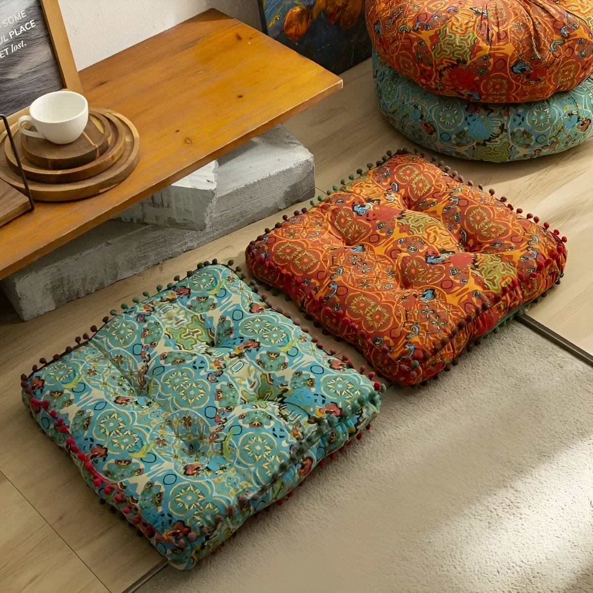 Floor Cushion Bohemian Embroidered Thick Cushioning & Durable Fabric