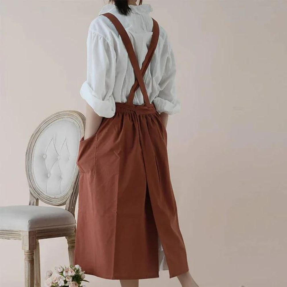 Kitchen Apron Cross-Back Breathable Cotton With Pockets