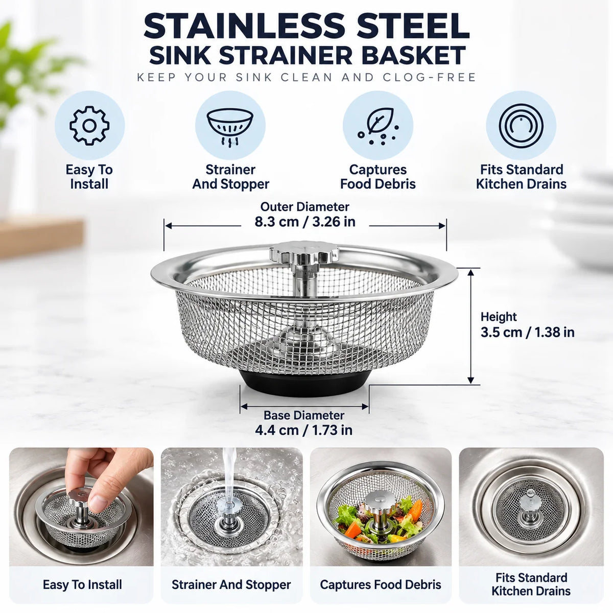 Kitchen Sink Strainer Stainless Steel Strainer & Stopper Combo