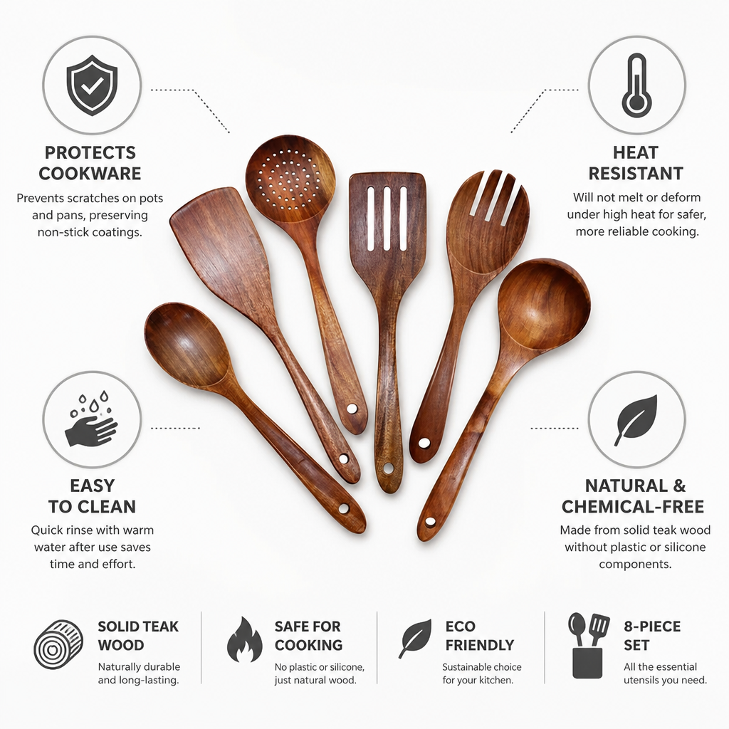 Kitchen Utensil Set Solid Teak 8-Piece Heat Resistant
