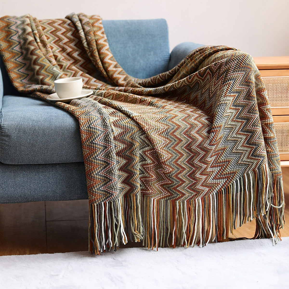 Knitted Throw Hand-Knitted Chevron Pattern Fringed Edges