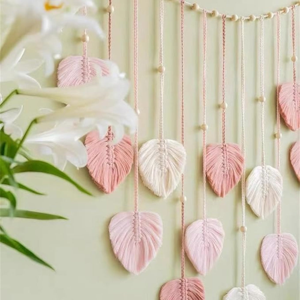 Macrame Wall Hanging Leaf Design Handwoven Wool Eco-Friendly