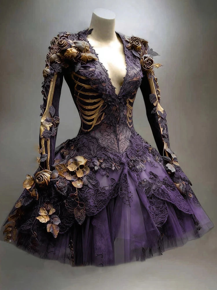 Mini Dress Gothic Skeleton Motif Long Sleeve Tiered Skirt