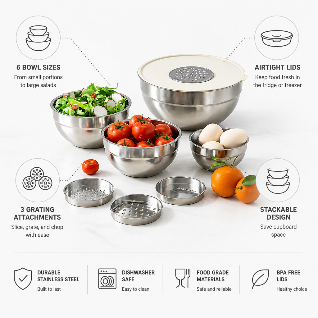 Mixing Bowl Set Stainless Steel Airtight Lids & Graters