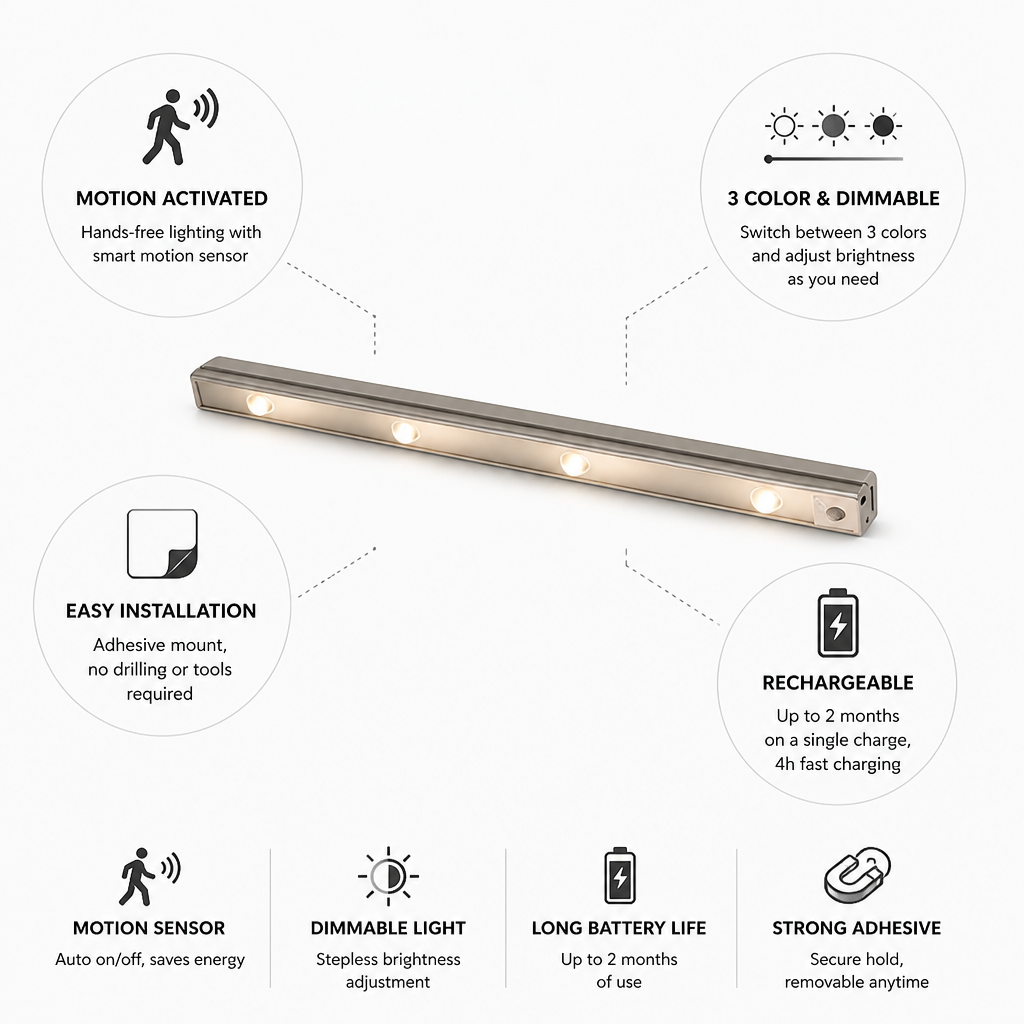 Motion-Activated 3-Color Rechargeable LED Wall Light (Adhesive Mount)