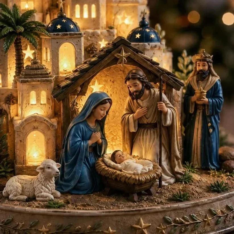 Nativity Tabletop Decoration Illuminated Bethlehem Church Tower