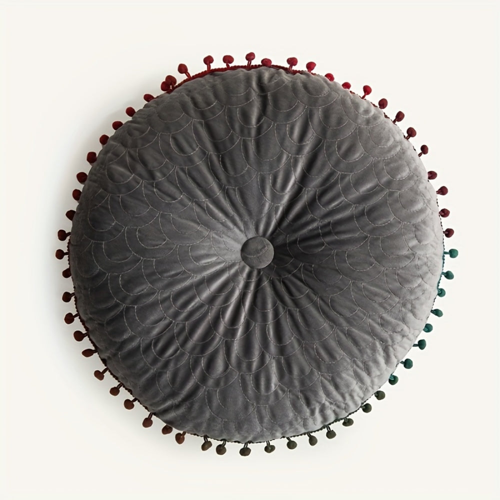 Ottoman Cushion Round Velvet Tufted Pom-Pom Trim