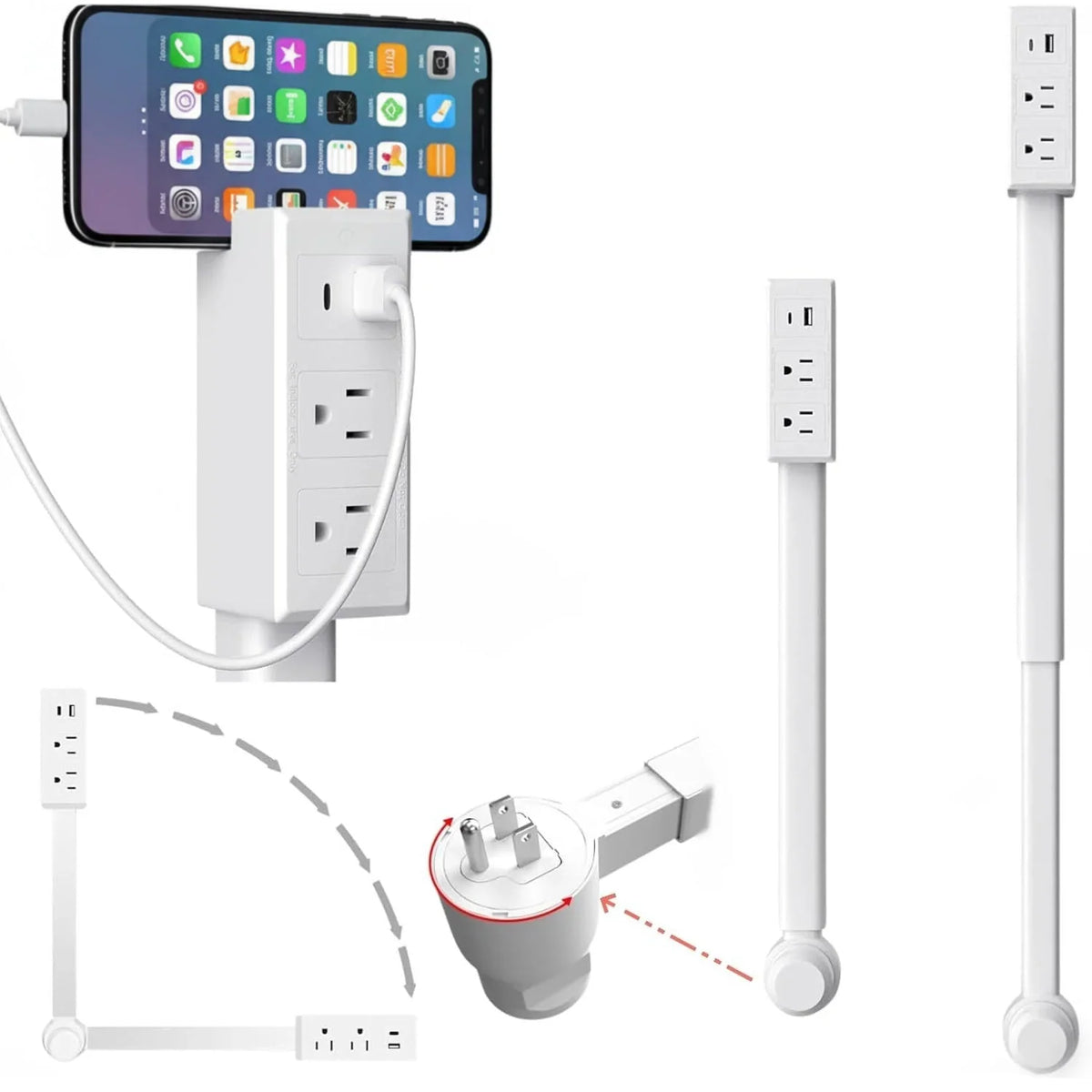 Outlet Extender Telescoping 18–28 Inch Rotating USB-A USB-C