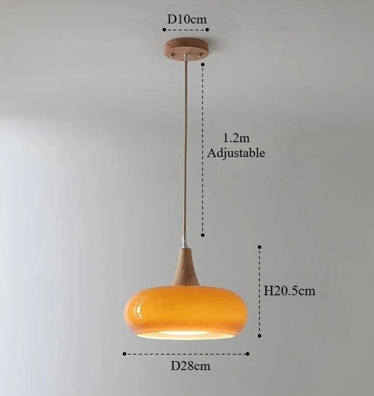 Pendant Light Glass Shade Natural Wood Adjustable Cord