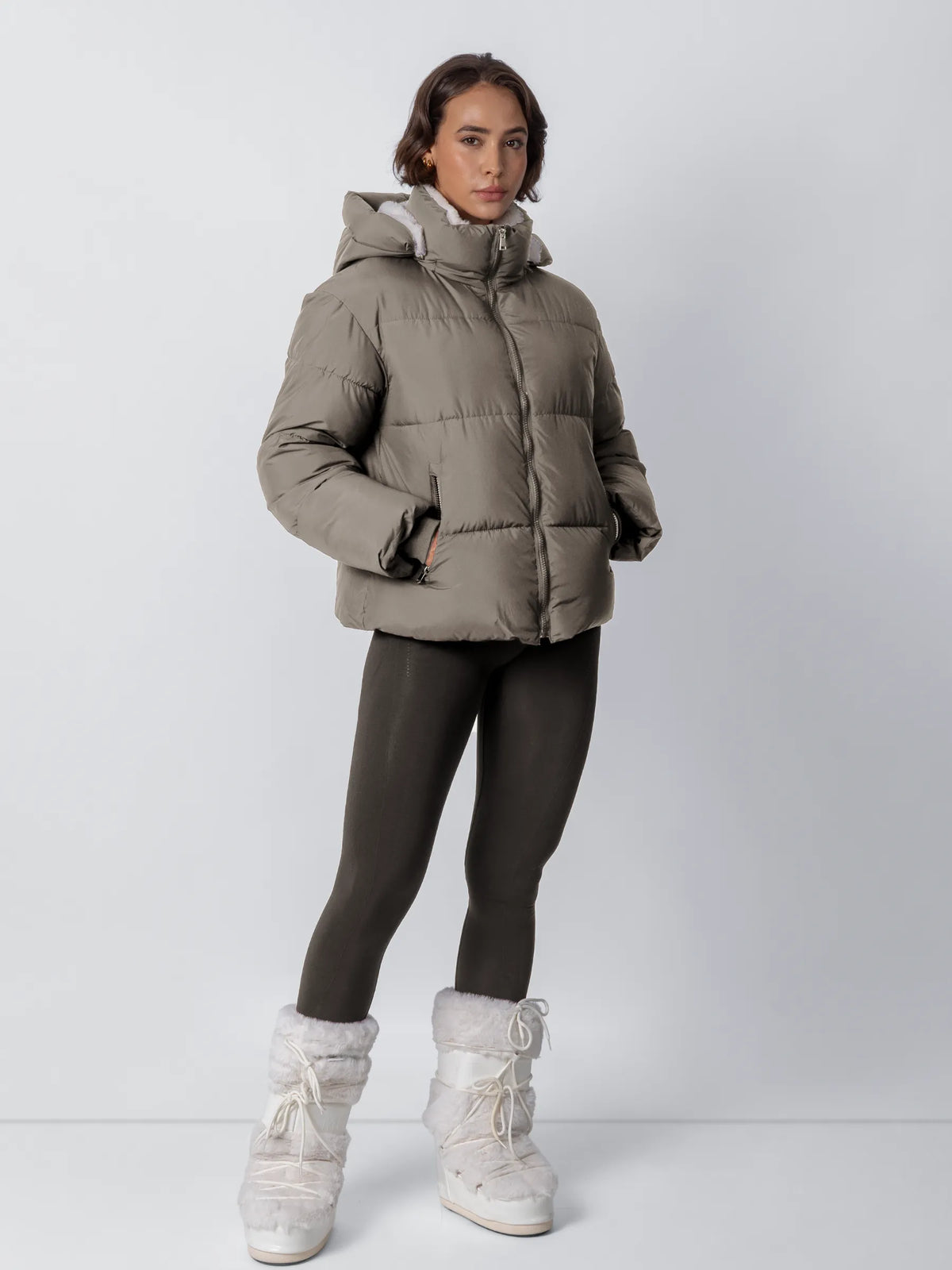 Quilted Jacket Teddy Fleece Lined Detachable Hood Cropped Fit