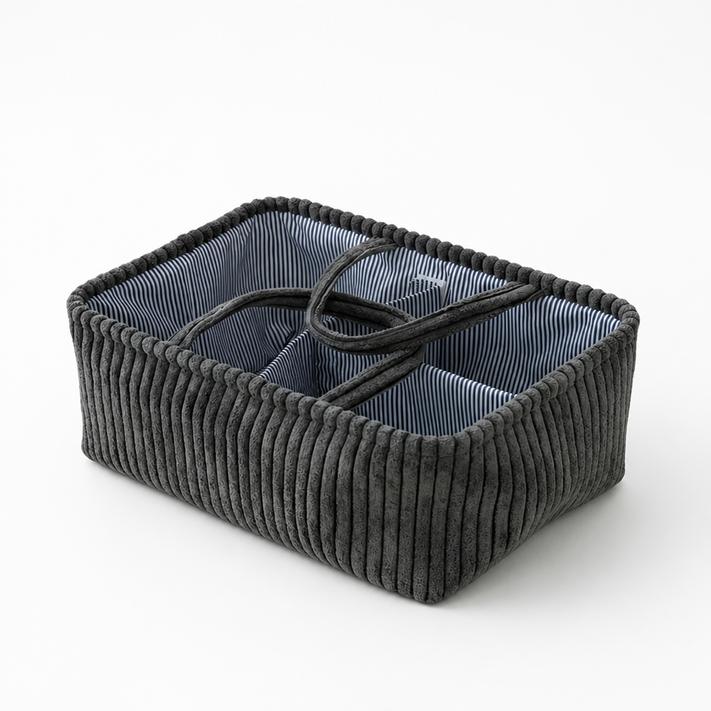 Rectangular Organizer Multiple Compartments Stitched Handles & Ribbed Fabric